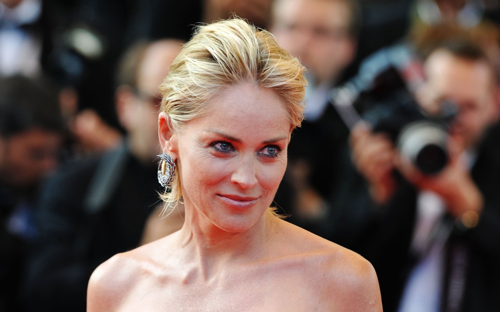 HD PC desktop wallpaper featuring American actress and celebrity Sharon Stone at a glamorous event with photographers in the background.