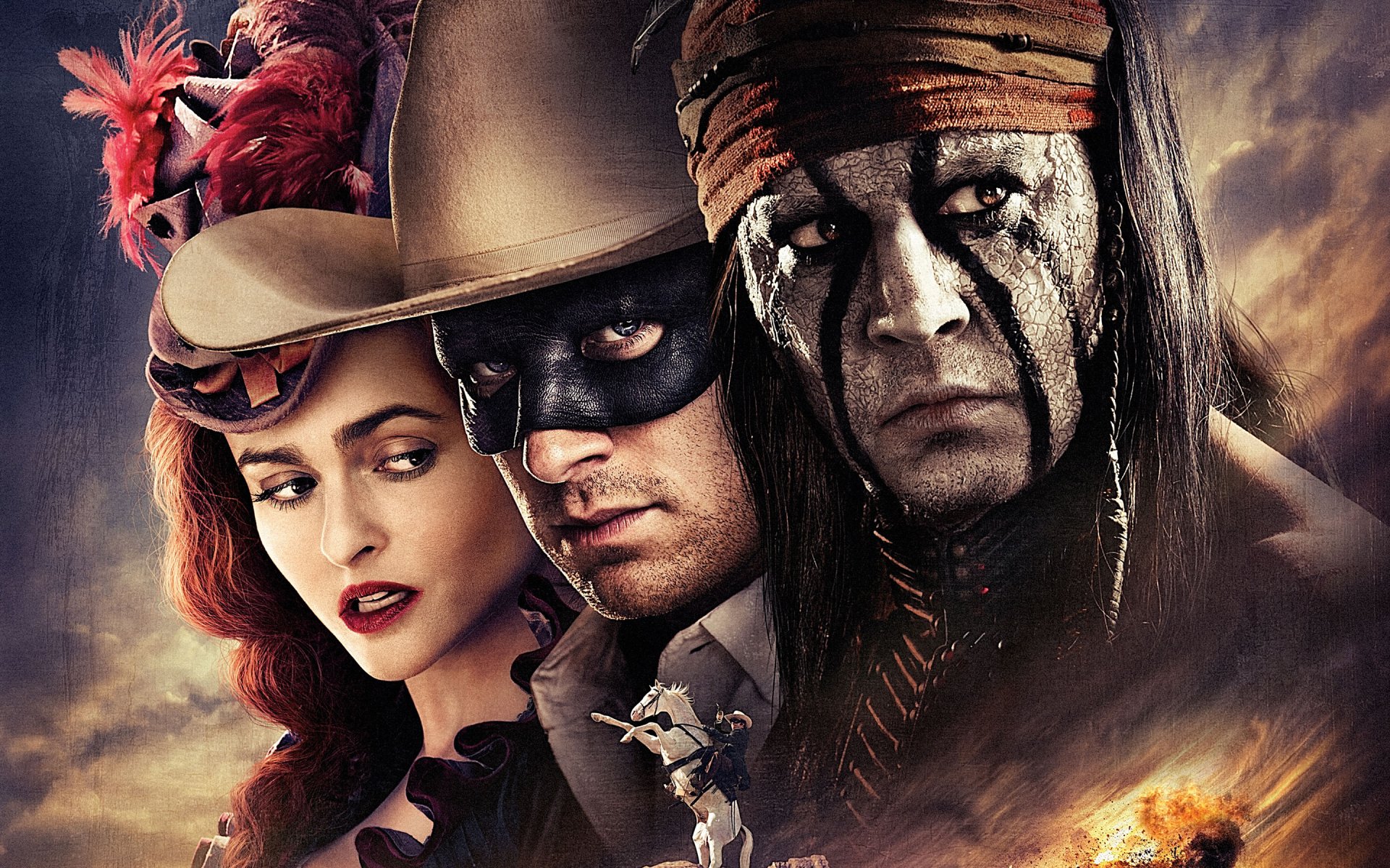 This vibrant HD wallpaper features Helena Bonham Carter as Red Harrington, Armie Hammer as John Reid, and Johnny Depp as Tonto from the movie The Lone Ranger.