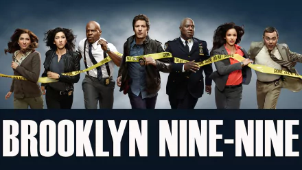 HD desktop wallpaper featuring the Brooklyn Nine-Nine cast with a POLICE LINE DO NOT CROSS tape.
