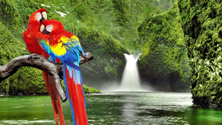 Two vibrant scarlet macaws perched on a branch in a lush green forest with a waterfall cascading into a serene river, HD PC desktop wallpaper background.