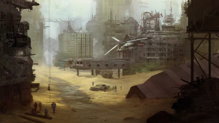 HD PC desktop wallpaper depicting a desolate Apocalypse City from a video game, featuring ruined buildings and a grounded helicopter in a dusty, abandoned urban landscape.