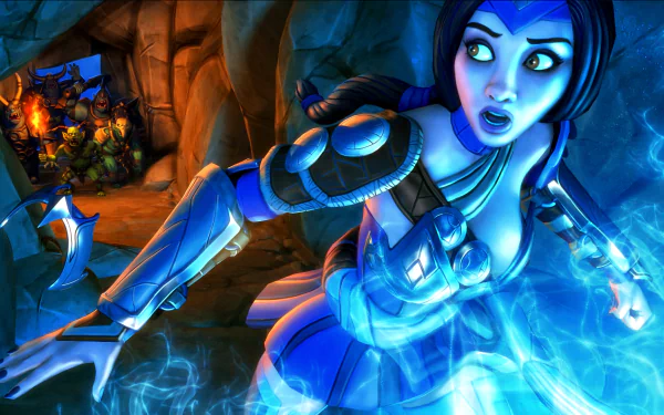 Orcs Must Die! 2 video game HD PC desktop wallpaper: blue-glowing female hero casting magic in a cave while orcs close in.