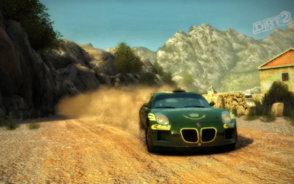 HD PC desktop wallpaper showing a green rally car kicking up dust on a mountain dirt road, from the video game Colin McRae: Dirt 2.
