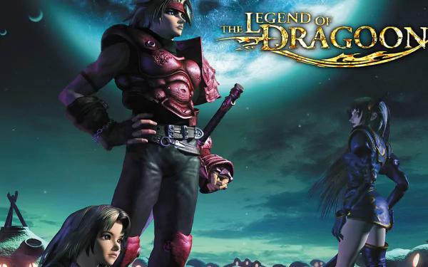 HD PC desktop wallpaper featuring characters from the video game The Legend of Dragoon against a dramatic, glowing night sky background.