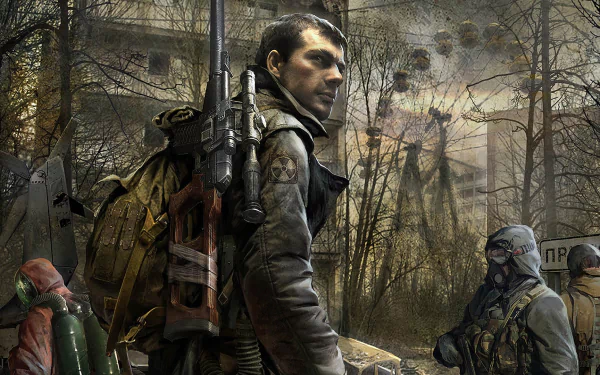HD PC wallpaper showcasing a scene from the video game S.T.A.L.K.E.R.: Call of Pripyat, featuring a rugged character in a post-apocalyptic forest setting.