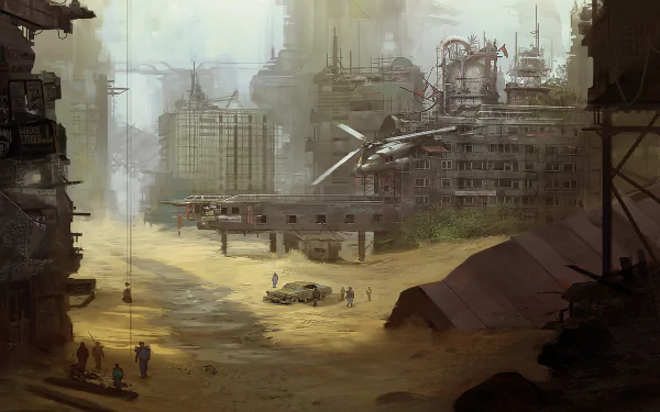 HD PC desktop wallpaper depicting a desolate Apocalypse City from a video game, featuring ruined buildings and a grounded helicopter in a dusty, abandoned urban landscape.
