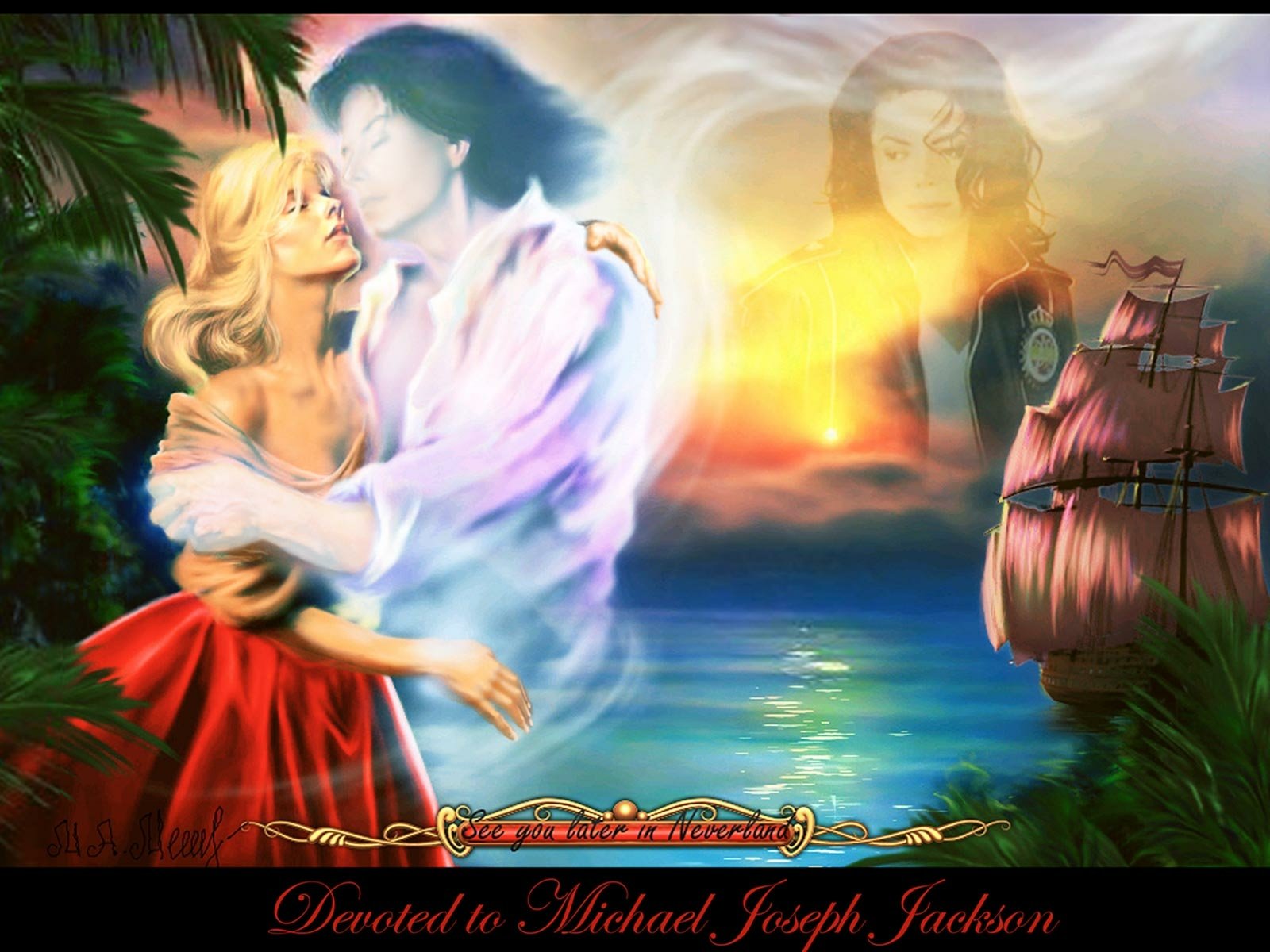 A vibrant HD desktop wallpaper featuring a romantic embrace against a serene ocean backdrop, intertwined with ethereal images of Michael Jackson and a sailing ship.