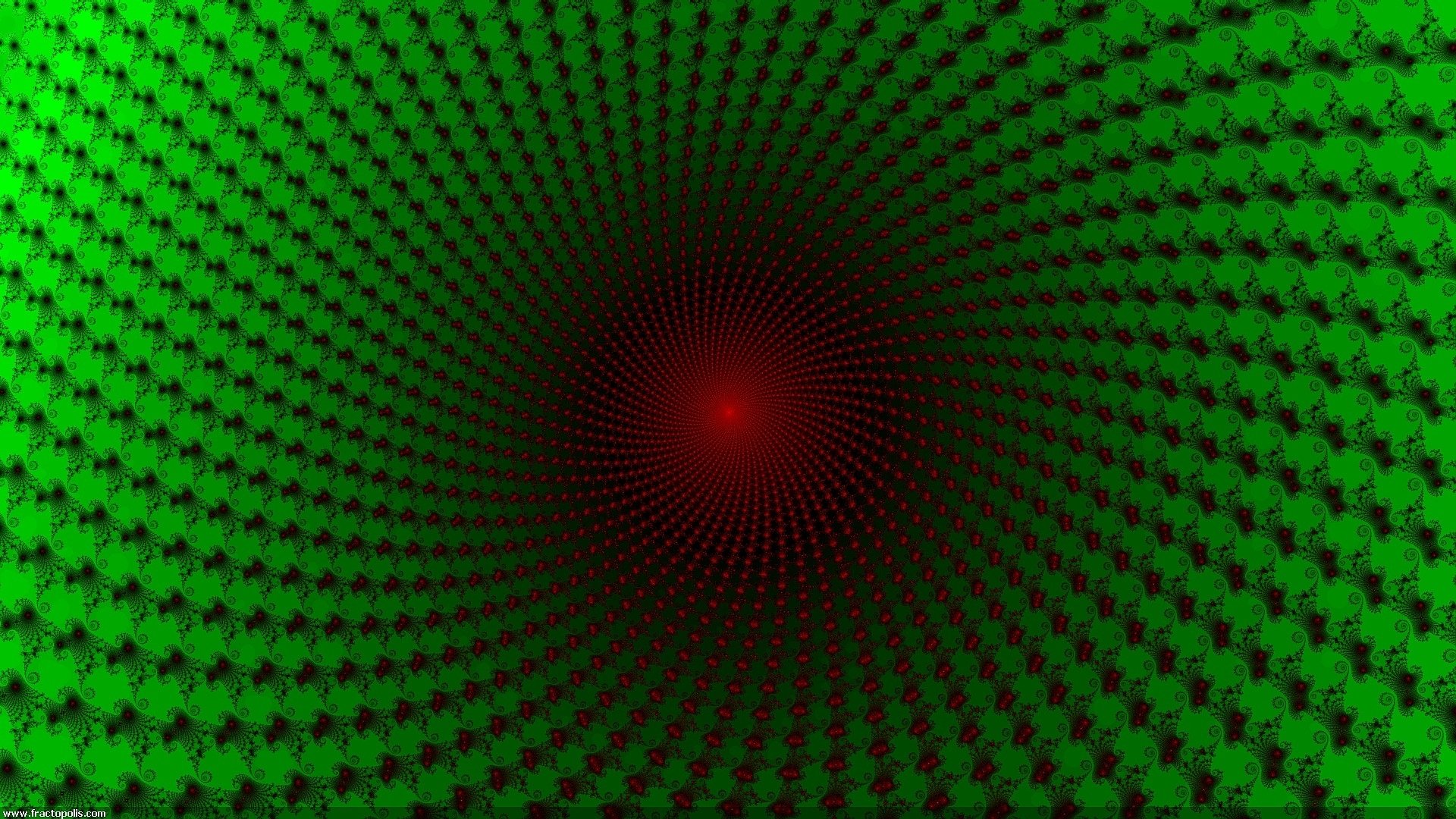 Abstract tunnel with a vibrant red center surrounded by a green patterned vortex, designed as an HD PC desktop wallpaper and background.