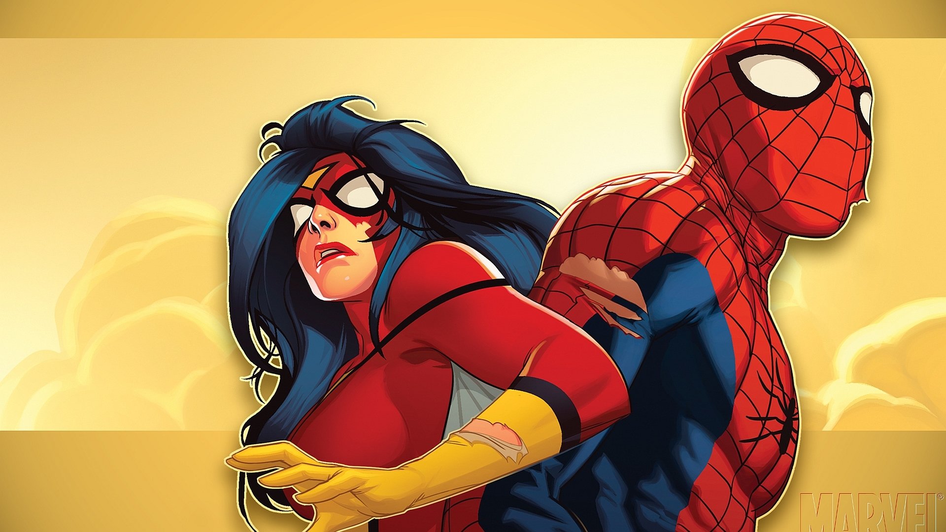 HD comic-style PC desktop wallpaper featuring Spider-Man and a female character in red and yellow costumes against a warm yellow background.