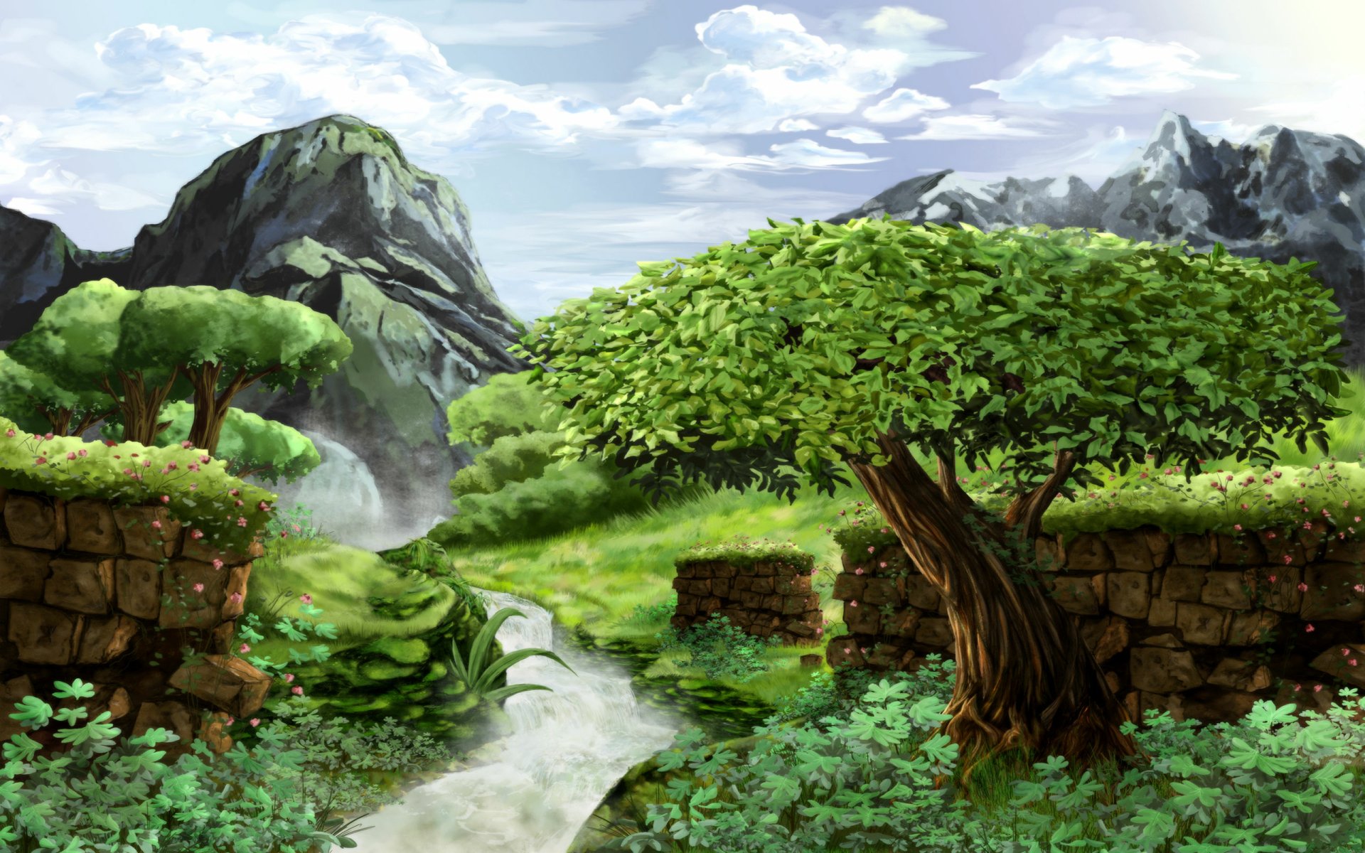 HD fantasy landscape featuring lush greenery, ancient stone ruins, and towering mountains under a bright, partly cloudy sky, designed as a PC desktop wallpaper.