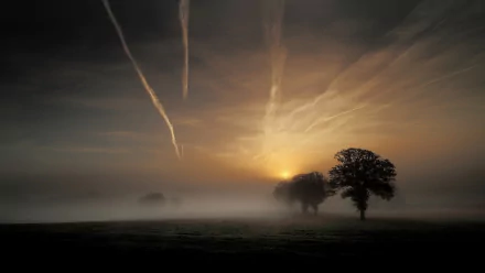 HD PC desktop wallpaper of a foggy landscape at sunrise with silhouetted trees and streaks of clouds in a serene natural setting.