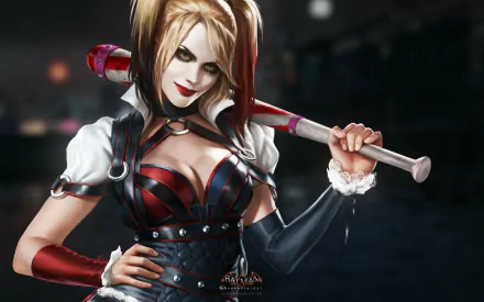 HD PC desktop wallpaper featuring Harley Quinn from the video game Batman: Arkham Knight, holding a baseball bat with a confident smirk.