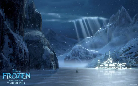HD desktop wallpaper from the movie Frozen featuring a mystical snowy landscape with a castle and aurora lights.