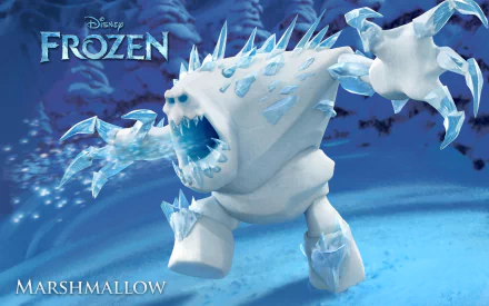 HD desktop wallpaper featuring Marshmallow, the ice monster from Disney's movie Frozen, in a dynamic and icy blue-tone background.