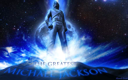 A stunning HD wallpaper featuring a majestic statue of Michael Jackson against a cosmic background, showcasing his iconic status in music with the text The Greatest.