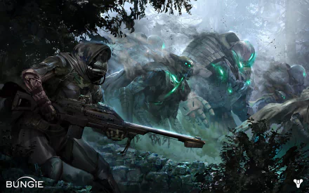 A dramatic scene from Destiny, featuring a cloaked character armed with a weapon, surrounded by mysterious, glowing figures in a dense forest setting. HD PC wallpaper and background.