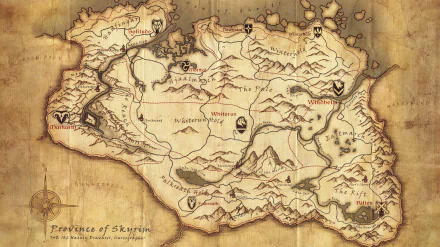 A detailed map of the province of Skyrim from The Elder Scrolls V, featuring mountains, towns, and landmarks, designed as a high-definition desktop wallpaper.