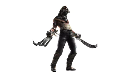 HD PC desktop wallpaper featuring Garrador, the menacing enemy from the video game Resident Evil 4, standing with iconic clawed weapons against a white background.