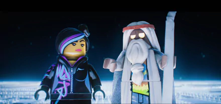 HD desktop wallpaper featuring Lego Movie characters Wyldstyle and Vitruvius against a dark, glowing backdrop.
