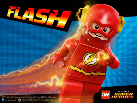 LEGO version of Barry Allen, the Flash, depicted in vibrant red with lightning effects, highlighting his speed in a dynamic scene from LEGO Batman 2: DC Super Heroes.