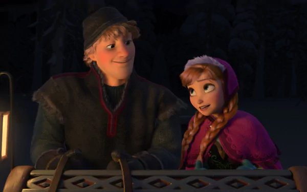 HD desktop wallpaper featuring Anna and Kristoff from the movie Frozen, sharing a moment in a snowy evening scene.