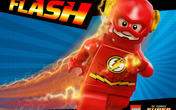 LEGO version of Barry Allen, the Flash, depicted in vibrant red with lightning effects, highlighting his speed in a dynamic scene from LEGO Batman 2: DC Super Heroes.