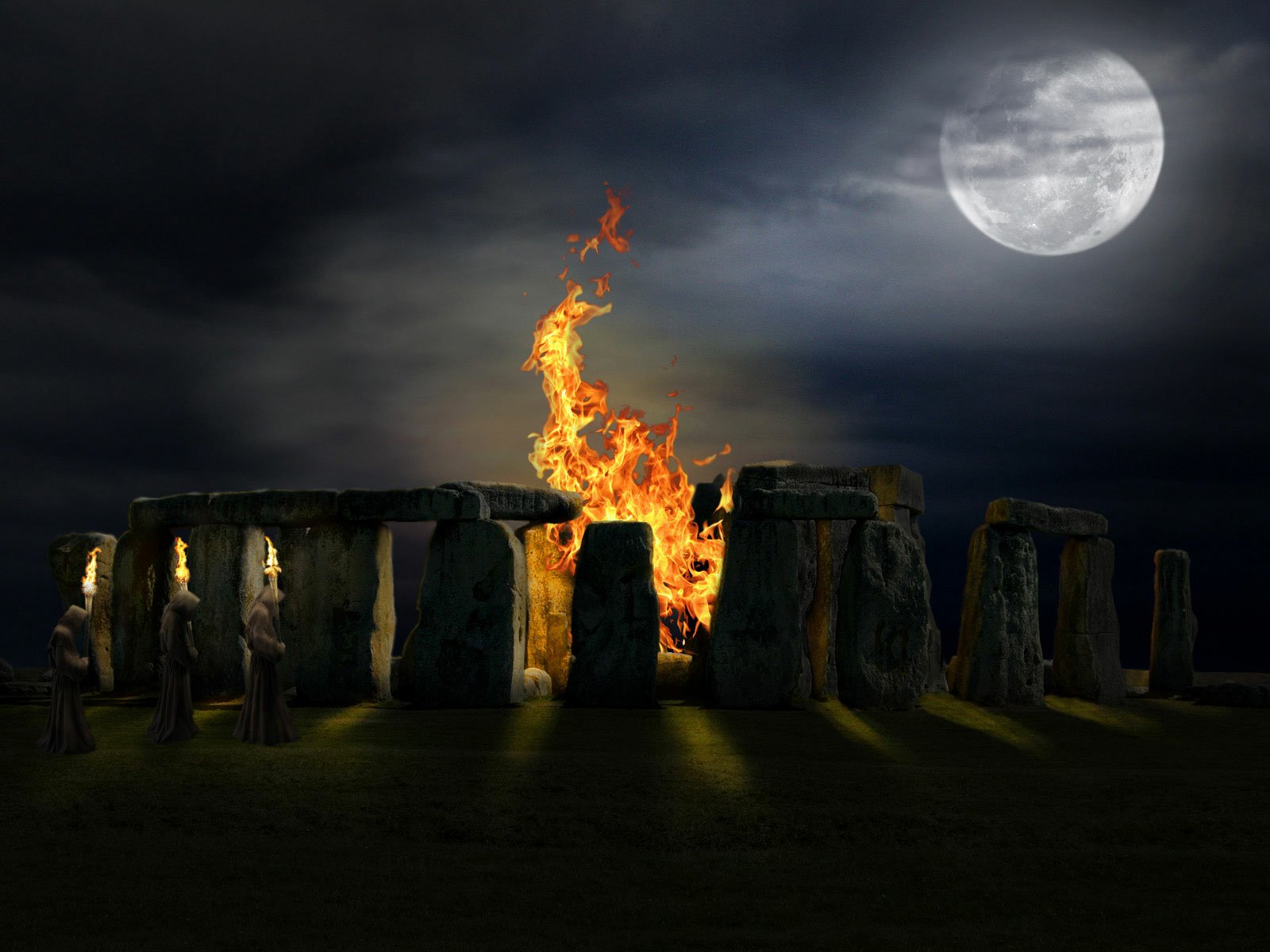 HD PC desktop wallpaper depicting a dark, occult scene of ancient stone monoliths surrounding a blazing fire under a full moon in a cloudy night sky.