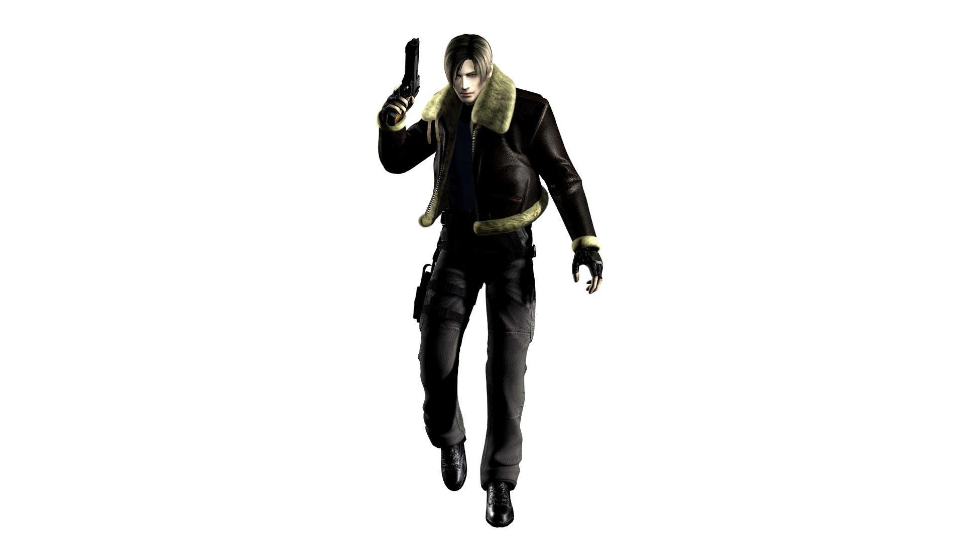 HD PC desktop wallpaper of Leon S. Kennedy from the video game Resident Evil 4, featuring the character in a dark outfit holding a handgun against a white background.