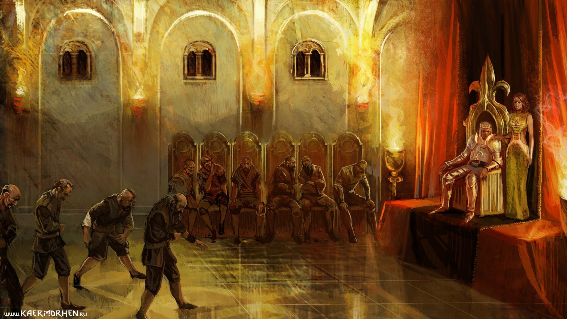 HD PC wallpaper of The Witcher: a vaulted throne room with a monarch on a red-draped dais; armed guards and chained prisoners bow as golden light filters through arched windows.