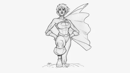 Sketch-style comic art of Power Girl standing confidently with hands on hips and cape billowing — HD PC desktop wallpaper and background.