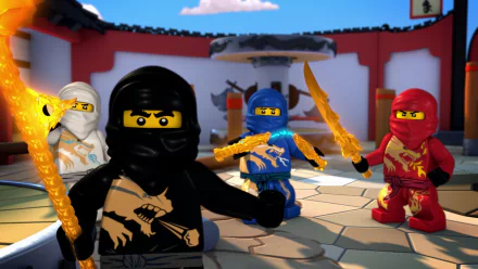 HD wallpaper of LEGO Ninjago characters Kai, Zane, Jay, and Cole in action, set in a dojo inspired by the TV show Lego Ninjago: Masters of Spinjitzu.
