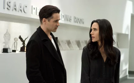 HD PC wallpaper featuring Colin Farrell as Peter Lake and Jennifer Connelly as Virginia Gamely from the movie Winter's Tale in a dramatic indoor scene.