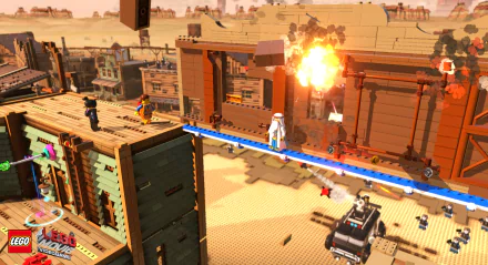 HD PC desktop wallpaper featuring LEGO Movie characters Emmet, Wyldstyle, Vitruvius, and a cop robot in a desert video game setting from The LEGO Movie - Videogame.