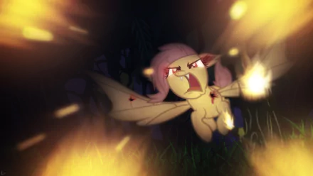 HD vector wallpaper of Fluttershy from My Little Pony: Friendship Is Magic showing a fierce expression amidst fiery surroundings.