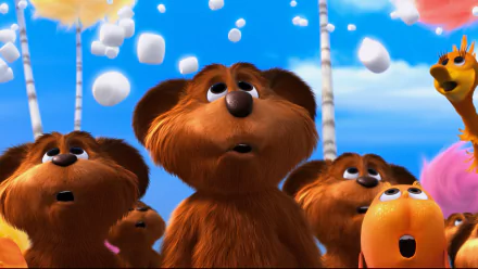 HD PC desktop wallpaper from the movie The Lorax: a group of furry Bar-ba-loots gaze upward amid colorful Truffula trees and a bright blue sky.
