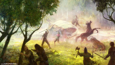 HD PC desktop wallpaper, video game The Witcher: a lone witcher draws his sword in a misty forest as horsemen and armed villagers spring an ambush.