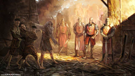 HD PC desktop wallpaper from The Witcher video game, depicting a tense standoff between armed men and knights in a medieval, battle-worn setting.