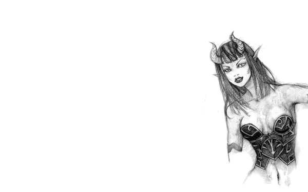 A striking fantasy-themed HD wallpaper featuring a succubus character with horns and a fierce expression, set against a minimalist background.
