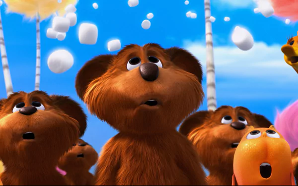 HD PC desktop wallpaper from the movie The Lorax: a group of furry Bar-ba-loots gaze upward amid colorful Truffula trees and a bright blue sky.