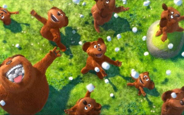 HD PC desktop wallpaper from the movie The Lorax featuring multiple playful brown creatures on a grassy field with scattered white flowers.