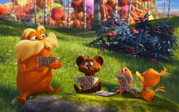A colorful scene from the animated movie The Lorax, featuring characters enjoying a card game in a vibrant, lush landscape filled with whimsical flora. HD PC desktop wallpaper.
