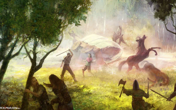 HD PC desktop wallpaper, video game The Witcher: a lone witcher draws his sword in a misty forest as horsemen and armed villagers spring an ambush.
