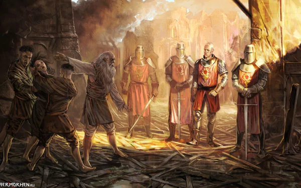 HD PC desktop wallpaper from The Witcher video game, depicting a tense standoff between armed men and knights in a medieval, battle-worn setting.