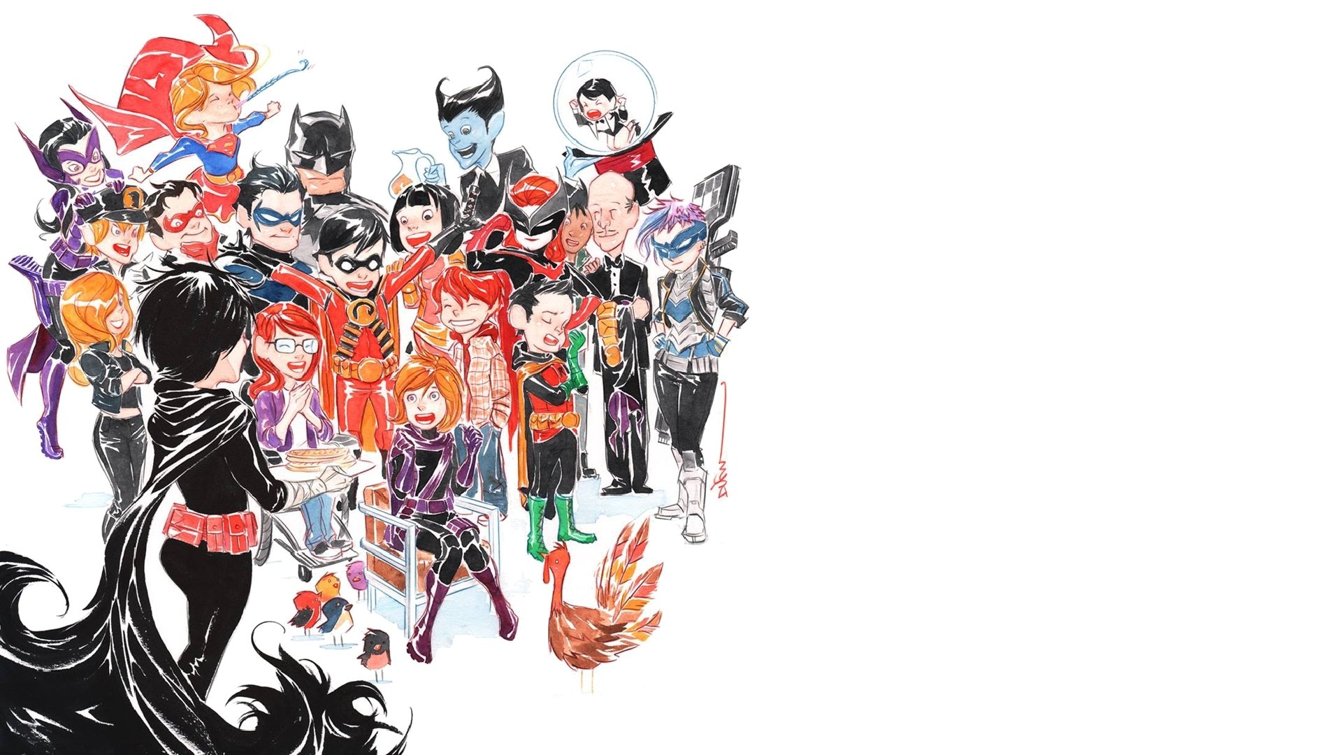 HD PC desktop wallpaper featuring Alfred Pennyworth, Robin, Nightwing, Supergirl, Huntress, and Batman in vibrant comic-style art.