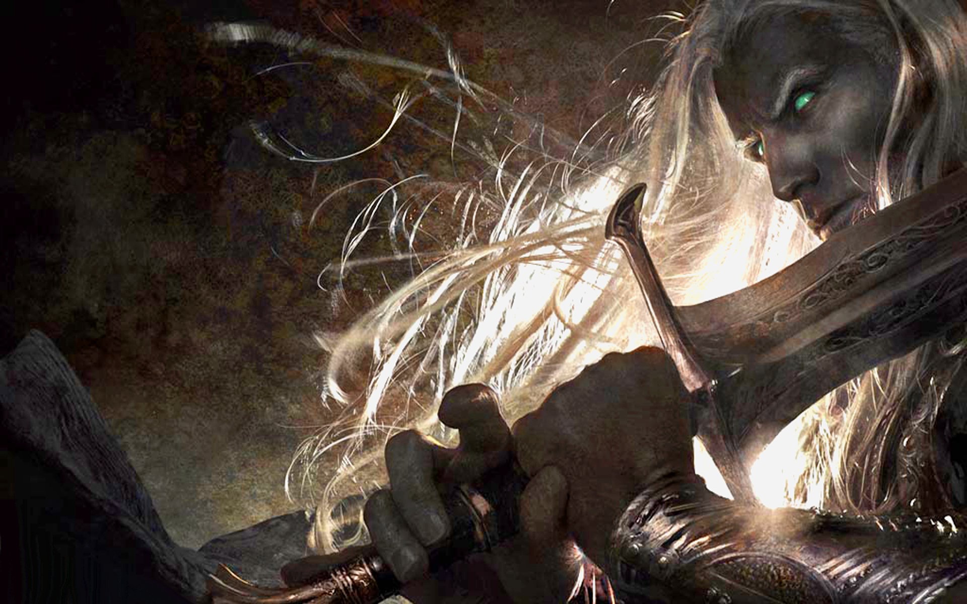 HD fantasy desktop wallpaper featuring a fierce fantasy warrior with glowing eyes gripping a large, ornate sword amid a dark, mystical background.