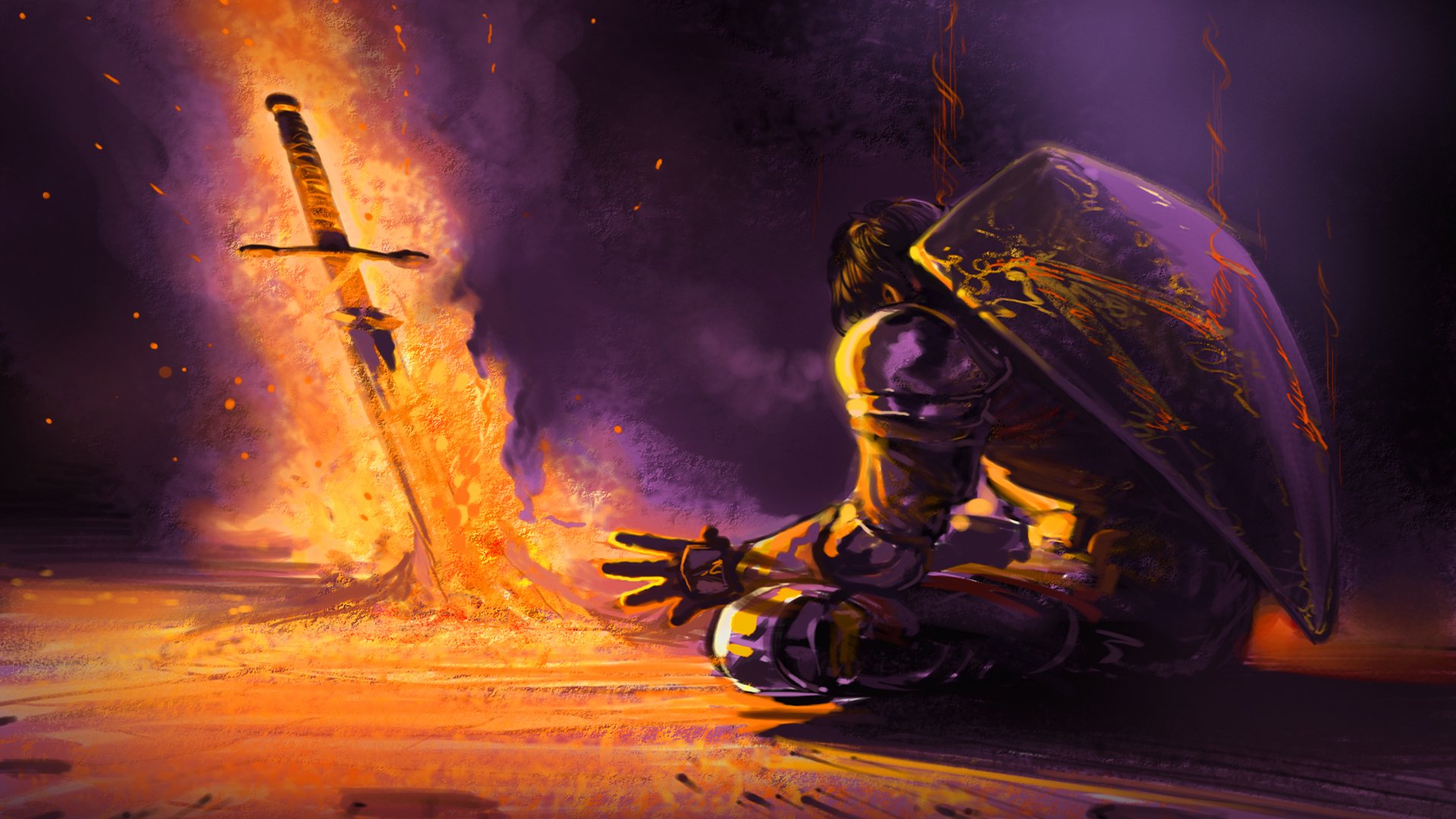 A dramatic scene featuring a fantasy warrior kneeling beside a glowing sword in flames, set against a dark background. A striking HD wallpaper for fans of epic fantasy art.