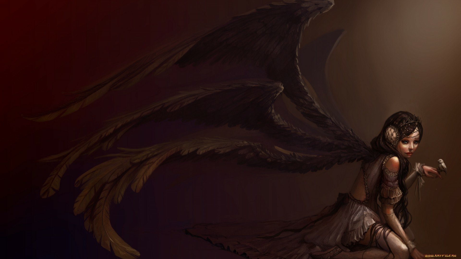 HD fantasy desktop wallpaper featuring a dark angel with large, shadowy wings against a moody, dimly lit background.