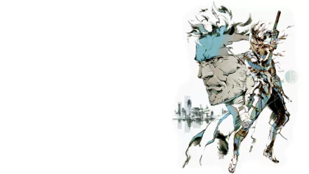 HD PC desktop wallpaper of Metal Gear video game artwork: stylized Solid Snake with rifle and faint city skyline on a bright white background.