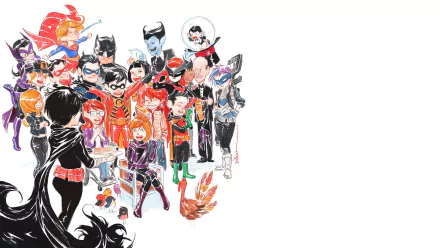 HD PC desktop wallpaper featuring Alfred Pennyworth, Robin, Nightwing, Supergirl, Huntress, and Batman in vibrant comic-style art.