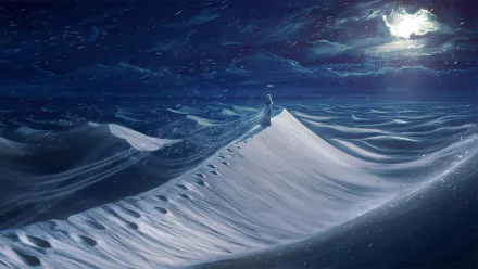 HD desktop wallpaper featuring a fantastical winter landscape in a desert with sand shaped like waves under a starry sky, marked with a trail of footprints.